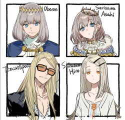 2boys 2girls black_jacket blonde_hair blue_cloak blue_eyes camisole cape cardigan cloak collar collared_shirt colored_eyelashes crown diamond_hairband earrings fate/grand_order fate_(series) flipped_hair frilled_collar frills fur-trimmed_cape fur-trimmed_cloak fur_trim gakuen_idolmaster grey_hair hair_ornament hairclip heart heart_earrings highres idolmaster idolmaster_shiny_colors jacket jewelry long_hair looking_at_viewer medium_hair multiple_boys multiple_girls oberon_(fate) orange-tinted_eyewear orange_eyes raychelsoo serizawa_asahi shinosawa_hiro shirt smile sunglasses tezcatlipoca_(fate) tinted_eyewear v-neck white_camisole white_cardigan white_shirt