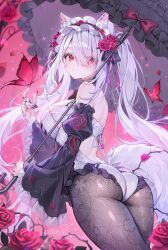 1girl alllisso animal_ear_fluff animal_ears artist_name ass backless_leotard bare_shoulders black_pantyhose black_sleeves black_umbrella blush bow breasts bug butterfly butterfly_on_hand cat_ears closed_mouth commentary commission detached_sleeves fingernails floral_print flower frilled_hairband frills from_behind hair_between_eyes hairband hand_up heart highres holding holding_umbrella indie_virtual_youtuber insect katsuna_(vtuber) large_breasts leotard long_fingernails long_hair long_sleeves looking_at_viewer looking_back making-of_available nail_polish pantyhose purple_nails red_bow red_butterfly red_eyes red_flower solo tail umbrella very_long_hair virtual_youtuber white_hair white_leotard
