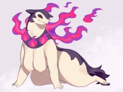 1girl body_fur breasts eyelashes fire full_body furry furry_female hanging_breasts highres hisuian_typhlosion kame_(3t) large_breasts multicolored_fur nintendo nipples pink_eyes pink_fire pokemon pokemon_(creature) solo tail