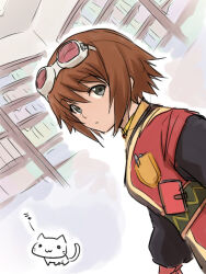 1girl 1other animal brown_hair cat closed_mouth goggles grey_eyes indoors kiikii_(kitsukedokoro) library long_sleeves looking_at_viewer notebook pen rita_mordio short_hair solo_focus tales_of_(series) tales_of_vesperia