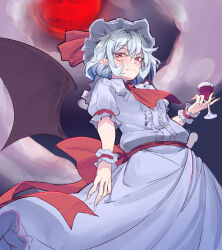 1girl alcohol ascot bat_wings blue_hair collared_shirt commentary_request cup drinking_glass fingernails frilled_shirt_collar frills from_below hair_between_eyes hat hat_ribbon highres holding holding_cup kanaria_(bcomn) long_fingernails looking_at_viewer mob_cap moon night pink_hat pink_shirt pink_skirt puffy_short_sleeves puffy_sleeves red_ascot red_eyes red_moon red_ribbon remilia_scarlet ribbon sharp_fingernails shirt short_hair short_sleeves skirt skirt_set solo touhou wine wine_glass wings wrist_cuffs