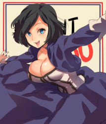 1girl animification bioshock bioshock_(series) bioshock_infinite black_hair blue_eyes breasts cleavage collarbone corset cropped_jacket dress elizabeth_(bioshock_infinite) female_focus huge_breasts jacket large_breasts naso4 open_clothes open_jacket open_mouth outstretched_arms short_hair smile solo spread_arms