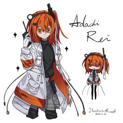 Rule 34 | 1girl, :3, a.i. voice, adachi rei, arm at side, arms at sides, belt, black pantyhose, black skirt, breast pocket, cable, cane, character name, clone, flat chest, gloves, grey skirt, hair between eyes, hair ribbon, hand up, headlamp, highres, holding, holding cane, jacket, kusuriy1, long sleeves, looking at viewer, netsu ijou (utau), open clothes, open jacket, orange belt, orange eyes, orange hair, pantyhose, pocket, radio antenna, ribbon, side ponytail, signature, simple background, skirt, utau, white background, white gloves, white ribbon