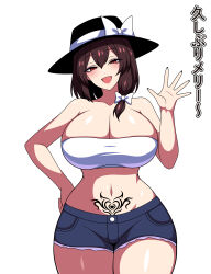 absurdres bow breasts brown_hair collarbone corruption dark_persona fedora hat hat_bow highres huge_breasts looking_at_viewer pubic_tattoo red_eyes ribbon short_hair shorts side_ponytail smile ssaf_seibeupail strapless tattoo thick_thighs thighs touhou translation_request tube_top usami_renko white_bow white_tube_top wide_hips