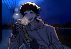 1boy absurdres backlighting black_gloves black_hair commentary cry_of_fear cup disposable_coffee_cup disposable_cup facial_hair fingerless_gloves gloves goatee_stubble grey_hoodie highres holding_strap hood hood_down hoodie ji01_jiji lens_flare looking_at_viewer male_focus mountainous_horizon night power_lines short_hair simon_henriksson skyline solo stubble upper_body