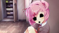 1girl against_wall blazer book bookshelf breasts brown_sweater_vest button_gap closet collared_shirt day doki_doki_literature_club doki_doki_literature_club_school_uniform dot_nose dress_shirt from_side game_cg glitch grey_jacket hair_intakes hair_ornament hair_ribbon head_tilt horror_(theme) hugging_own_legs jacket kneehighs knees_to_chest leaning_forward light_blush light_rays long_eyelashes long_sleeves looking_at_another natsuki_(doki_doki_literature_club) neck_ribbon non-web_source obscured obscured_eyes official_art on_floor parted_bangs parted_hair pink_eyes pink_hair raised_eyebrows red_ribbon red_skirt ribbon satchely school_uniform shirt short_hair sidelocks sitting skirt small_breasts socks solo sweater_vest two_side_up upper_body white_socks window wooden_floor x_hair_ornament