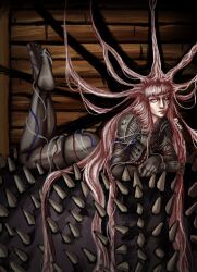 Rule 34 | 1girl, absurdres, commentary, cyborg, english commentary, fear &amp; hunger (series), fear &amp; hunger 2: termina, full body, highres, legs up, logic (fear &amp; hunger), long hair, looking at viewer, lying, mechanical arms, on stomach, parted lips, red hair, rosengaldr, solo, spoilers, the pose, very long hair
