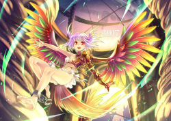 1girl 2017 barefoot bikini bird_tail breasts commentary_request cuffs day feathered_wings flying indoors leg_up looking_at_viewer mechanical_arms mechanical_wings mitake_eil multicolored_wings navel new_year open_mouth original purple_hair red_eyes shackles short_hair single_mechanical_arm sky small_breasts smile solo star_(sky) starry_sky swimsuit tail twitter_username white_bikini wings