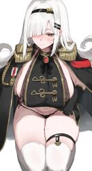 1girl absurdres black_cape black_gloves blush breast_curtain breasts brooch cape commission epaulettes eyebrows_hidden_by_hair gloves hair_ornament hair_over_one_eye hairband hairclip highres jewelry krabking large_breasts long_hair medal navel one_eye_covered original panties seiza side-tie_panties sideboob simple_background sitting solo sweat thigh_strap thighhighs thighs underwear white_background white_hair white_thighhighs yellow_eyes