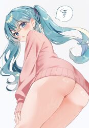 Rule 34 | 1girl, alternate costume, aqua hair, ass, blue eyes, blush, bottomless, cowboy shot, embarrassed, from behind, hair between eyes, hair ribbon, hand on own thigh, hatsune miku, highres, leaning forward, long hair, long sleeves, looking at viewer, looking back, natukisigure, parted lips, pink ribbon, pink sweater, ribbon, simple background, sleeves past wrists, solo, sweater, twintails, vocaloid, white background
