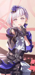 1girl :d absurdres ascot black_gloves black_jacket black_shorts blue_flower blue_hairband blue_jacket blue_rose braid citrusmikan collared_shirt commentary_request compass_(love_live!) cowboy_shot diagonal_bangs flower flower_hairband gear_earrings gloves grey_hair hairband highres holding holding_microphone jacket link!_like!_love_live! looking_at_viewer love_live! microphone multicolored_jacket music official_alternate_costume open_clothes open_jacket open_mouth pink_eyes red_hair rose shirt short_hair short_shorts shorts side_braid singing smile solo three-quarter_sleeves two-tone_jacket virtual_youtuber white_ascot white_shirt yugiri_tsuzuri