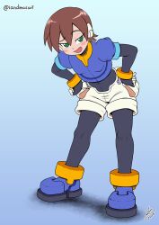 1girl aile_(mega_man_zx) bent_over black_bodysuit blue_background blue_jacket blush bodysuit bodysuit_under_clothes brown_hair cropped_jacket fang full_body gradient_background green_eyes hands_on_own_hips highres ian_dimas jacket looking_at_viewer mega_man_(series) mega_man_zx open_mouth robot_ears short_hair shorts simple_background solo white_shorts