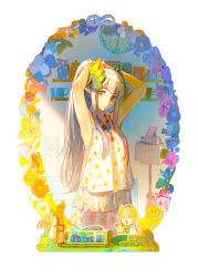 1girl absurdres alternate_costume arknights arms_up dress floral_print grey_hair hair_ornament highres looking_at_viewer lyuqiu mirror mole mole_under_eye mouth_hold muelsyse_(arknights) ponytail solo standing tying_hair white_background yellow_eyes