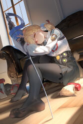 1girl absurdres alice_thymefield black_pantyhose black_skirt blonde_hair breasts closed_mouth full_body heterochromia highres holding holding_sword holding_weapon indoors large_breasts long_hair no_shoes pantyhose red_eyes ribao shirt sitting skirt solo sword very_long_hair weapon white_shirt wooden_floor yellow_eyes zenless_zone_zero