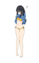 1girl ? bikini black_hair blunt_bangs breasts clothes_lift clothes_pull full_body highres holding_hands hood hoodie hoodie_lift hoodie_pull long_hair looking_down lycoris_recoil navel side-tie_bikini_bottom sidelocks simple_background small_breasts solo standing swimsuit thigh_gap umatarou_(a05867430) white_background yellow_bikini