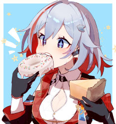 Rule 34 | + +, 1girl, asymmetrical gloves, biting, blue background, blush, border, breasts, cleavage, clothing cutout, collared shirt, colored inner hair, commentary request, donut, earpiece, eating, food, gloves, grey hair, hair ornament, highres, holding, holding food, honkai: star rail, honkai (series), jacket, long sleeves, medal, multicolored hair, open mouth, outside border, pie, pie slice, red hair, shirt, shoulder cutout, solo, star (symbol), sweat, tainoe, topaz (honkai: star rail), upper body, white border
