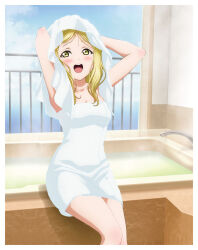 1girl armpits arms_up artbook blonde_hair blush breasts cleavage day highres long_hair looking_at_viewer love_live! love_live!_sunshine!! medium_breasts naked_towel non-web_source official_art ohara_mari open_mouth sitting sky smile solo towel towel_on_head wet yellow_eyes