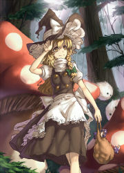 Rule 34 | 1girl, apron, bag, black dress, blonde hair, bow, braid, buttons, dress, female focus, forest, forest of magic, hand on headwear, hat, hat bow, highres, holding, holding bag, kedama (touhou), kirisame marisa, light smile, long hair, looking afar, looking to the side, mushroom, nature, outdoors, oversized object, short sleeves, side braid, single braid, soim, solo, sunlight, touhou, tree, waist apron, walking, wavy hair, witch hat, yellow eyes