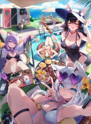 2boys 5girls absurdres afloat ahoge alternate_costume animal_ear_fluff animal_ear_piercing animal_ears aqua_eyes banana bare_shoulders bikini black_hair black_tail blue_eyes blue_sky blush bone_hair_ornament bow braid breasts brown_eyes brown_hair brown_tail cartoon_bone cat_ears cat_girl cat_tail cleavage cloud collar collared_shrug comiket_104 commentary_request corn crossed_bangs curry curry_rice day dog_ears dog_girl dog_tail double-parted_bangs extra_ears eyewear_on_head flower food fox_ears fox_girl fox_tail fruit grill hair_between_eyes hair_flower hair_ornament hairclip hat heart heart-shaped_eyewear highres holding holding_skewer hololive hololive_gamers horizontal-striped_bikini inugami_korone knees_up large_breasts listener_(inugami_korone) long_hair long_sleeves looking_at_viewer miofa_(ookami_mio) multicolored_hair multicolored_tail multiple_boys multiple_girls navel nekomata_okayu nishiro_hato ocean official_alternate_costume on_innertube one-piece_swimsuit onigiri onigirya_(nekomata_okayu) ookami_mio oozora_subaru oozora_subaru_(hololive_summer_2019) open_mouth outdoors patio_umbrella pentagram pool poolside purple_eyes purple_hair purple_shrug red_hair rice sausage selfie shirakami_fubuki short_hair short_shorts shorts shrug_(clothing) side_braid sidelocks single_braid sitting skewer sky smile streaked_hair sukonbu_(shirakami_fubuki) sun_hat sunglasses swept_bangs swimsuit tail tail_around_own_leg tail_wrap thigh_strap twin_braids two-tone_hoodie virtual_youtuber watermelon waving white_bikini white_hair white_hat white_tail wolf_ears wolf_girl wolf_tail yellow_eyes