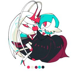 alternate_color antennae apple black_dress black_gloves colored_skin dress elbow_gloves food from_side fruit gardevoir gen_3_pokemon gen_7_pokemon gloves holding holding_food holding_fruit limited_palette mega_gardevoir mega_pokemon nekopon1478 nintendo pheromosa pokemon pokemon_(creature) red_eyes shiny_pokemon simple_background smile ultra_beast white_background white_skin
