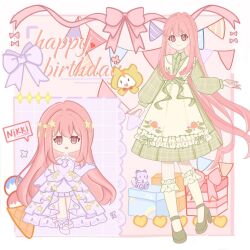1girl ahoge animal ankle_ribbon apron artist_request bare_shoulders birthday border bow bowtie brown_eyes buttons cat chibi chinese_commentary cloak closed_mouth clothed_animal commentary_request country_lolita dress dress_bow ear_covers elbow_gloves english_text eyelashes floral_print food frilled_apron frilled_gloves frilled_socks frills full_body garland_(decoration) gift gloves gown green_apron green_bow green_dress green_pastoral_(shining_nikki) green_shoes green_socks hair_ornament hand_up happy_birthday high_heels hood hood_up hooded_cloak ice_cream ice_cream_cone jewelry kneehighs leaf leg_ribbon light_blush lolita_fashion long_hair long_sleeves medium_dress momo_(nikki) multiple_views necklace nikki_(nikki) nikki_(series) outside_border outstretched_hand pink_background pink_hair plaid_clothes plaid_dress pleated_dress puffy_long_sleeves puffy_sleeves pumps purple_bow purple_dress purple_gloves purple_ribbon purple_shoes red_bow red_bowtie ribbon rose_print second-party_source shining_nikki shoes sidelocks smile socks sparkle speech_bubble star_(symbol) star_hair_ornament star_necklace star_print star_sea_(nikki) strapless strapless_dress stuffed_animal stuffed_cat stuffed_toy traditional_bowtie very_long_hair white_border white_cat yellow_cloak