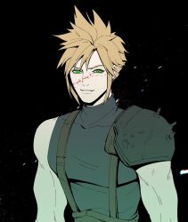 Rule 34 | 1boy, armor, black background, blonde hair, blood, blood on face, cloud strife, final fantasy, final fantasy vii, final fantasy vii rebirth, final fantasy vii remake, green eyes, grey shirt, highres, looking at viewer, male focus, parted lips, pauldrons, possessed, sharp teeth, shirt, short hair, shoulder armor, single bare shoulder, single pauldron, sleeveless, sleeveless turtleneck, slit pupils, smile, solo, suspenders, teeth, tongueeeeeee, turtleneck, upper body