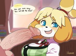 Rule 34 | 1boy, 1girl, :d, animal crossing, animal nose, artist name, blue eyes, blush, breasts, cheek press, commentary, fruithead, furrowed brow, hetero, highres, huge penis, indoors, isabelle (animal crossing), large breasts, looking at viewer, medium hair, nintendo, open mouth, outline, penis, personification, smile, speech bubble, sweat, teeth, testicles, topknot, upper body, upper teeth only, veins, veiny penis, white outline