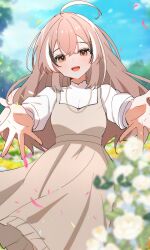 1girl :d absurdres ahoge alternate_costume black_hair blurry blurry_background blurry_foreground brown_dress brown_eyes brown_hair commentary depth_of_field dress english_commentary falling_petals flower hair_ornament hana20000920 highres hololive hololive_english jewelry long_hair long_sleeves looking_at_viewer multicolored_hair nanashi_mumei necklace open_mouth outdoors outstretched_arms petals sky smile solo streaked_hair sweater teeth upper_teeth_only virtual_youtuber white_flower white_hair white_sweater