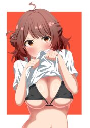 1girl absurdres ahoge bikini black_bikini blush breasts brown_eyes brown_hair cleavage clothes_lift gakuen_idolmaster hair_bun hanami_ume haruki_(haruki678) highres idolmaster large_breasts lifting_own_clothes looking_at_viewer navel shirt shirt_lift single_side_bun solo stomach swimsuit upper_body white_shirt