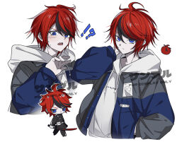 !? ahoge black_streaks blue_eyes blue_jacket chibi chibi_inset commentary drawstring grey_jacket hand_on_own_neck hand_up highres holding holding_sword holding_weapon hood hoodie jacket jacket_over_hoodie last_defense_academy_school_uniform light_blush looking_at_viewer male_focus multicolored_hair multicolored_jacket multiple_views red_hair school_uniform short_hair simple_background streaked_hair sumino_takumi sweat sword symbol-only_commentary the_hundred_line_-last_defense_academy- two-tone_jacket weapon white_background white_hoodie yituo_tusi