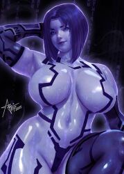 1girl 3d armpits artist_name artnip blue_eyes blue_hair blue_lips blue_skin breasts colored_skin cortana curvy halo_(series) halo_4 hologram large_breasts lips looking_at_viewer navel nose plump realistic shiny_skin short_hair signature simple_background smile solo thick_thighs thighs