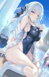 1girl bare_shoulders blue_eyes blue_hair blue_one-piece_swimsuit blush breasts hair_ornament inoue_takuya_(tactactak) kneehighs large_breasts legs long_hair looking_at_viewer one-piece_swimsuit open_clothes original shirt sitting socks solo swimsuit thighs very_long_hair wariza wet white_hair white_shirt white_socks