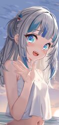 1girl absurdres blue_eyes blue_hair blunt_bangs breasts commentary crop_top english_commentary gawr_gura grey_hair hair_ornament hand_up highres hololive hololive_english long_hair maverick_(mvk022) multicolored_hair navel shark_hair_ornament sharp_teeth sky small_breasts solo streaked_hair tearing_up teeth virtual_youtuber water