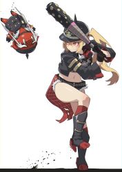 Rule 34 | 1girl, baseball, baseball bat, black boots, black helmet, black jacket, black shirt, black shorts, blonde hair, boots, commentary request, hair between eyes, haishima xv, helmet, highres, holding, holding baseball bat, jacket, long hair, luciana de montefio, midriff, navel, orange eyes, shirt, shorts, side ponytail, simple background, standing, standing on one leg, thighs, white background, zenless zone zero