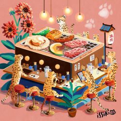 animal animal_focus artist_name bacon bar_stool bowl bread cafe cellphone cheetah chopsticks closed_eyes cooking corn counter cup donut eating flower food food_focus food_stand fried_egg hanging_light holding issiki_toaki jar lamp lantern light_bulb meat menu menu_board mug no_humans on_stool original paper_lantern paw_print phone pink_background plant plate potted_plant restaurant sausage sitting smartphone steak stool tiger tomato tray twitter_username watermark yakiniku
