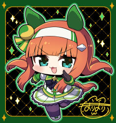 1girl :3 :d animal_ears black_background black_gloves blunt_bangs blush border chibi chibi_only ear_covers full_body gloves green_border green_eyes green_outline highres horse_ears horse_girl horse_tail long_hair long_sleeves looking_at_viewer open_mouth orange_hair outline outside_border pantyhose pleated_skirt plover purple_pantyhose shirt shoes signature silence_suzuka_(umamusume) skirt smile solo standing standing_on_one_leg tail umamusume v-shaped_eyebrows white_shirt white_shoes white_skirt