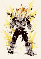 Rule 34 | armor, aura, blonde hair, bodysuit, boots, dragon ball, dragonball z, full body, gloves, green eyes, highres, ink wash painting, limited palette, saiyan armor, simple background, spmjg7, super saiyan, super saiyan 1, vegeta, white background, white boots, white gloves