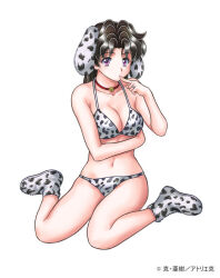 1girl animal_ears animal_print bell bikini black_hair breasts chinese_zodiac choker cleavage collar cow_print finger_to_mouth full_body futari_ecchi katsu_aki long_hair looking_at_viewer medium_breasts navel neck_bell onoda_yura print_legwear purple_eyes red_choker simple_background sitting socks solo swimsuit wariza white_background white_bikini