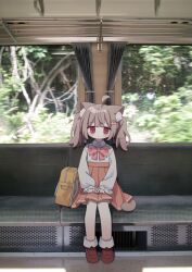 1girl :&lt; ahoge animal_ear_fluff animal_ears bag bow bowtie brown_hair brown_shoes cat_ears cat_girl cat_tail cherry_hair_ornament closed_mouth collared_shirt commentary food-themed_hair_ornament hair_ornament high-waist_skirt highres jpeg_artifacts long_sleeves nakkar orange_skirt original photo_background pink_bow pink_bowtie plaid_bow plaid_bowtie plaid_clothes pleated_skirt puffy_long_sleeves puffy_sleeves red_eyes shirt shoes sitting skirt solo symbol-only_commentary tail train_interior twintails unworn_bag white_shirt yellow_bag