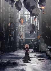 1girl black_dress blonde_hair dress flag lantern long_hair original road sign standing street tomari_(veryberry00) window