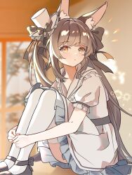Rule 34 | 1girl, absurdres, animal ear fluff, animal ears, azur lane, black hair, blunt bangs, blush, closed mouth, full body, hair ornament, highres, knees up, lancaolinyin, long hair, looking at viewer, nagato (azur lane), original, school uniform, solo, thighhighs, very long hair, white thighhighs, yellow eyes
