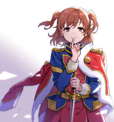 1girl aijou_karen belt belt_buckle blue_jacket blurry brown_eyes brown_hair buckle buttons closed_mouth cowboy_shot depth_of_field double-breasted epaulettes finger_to_mouth fur-trimmed_jacket fur_trim gold_trim gradient_background grey_background hands_up holding holding_sword holding_weapon ito_fumi jacket jacket_on_shoulders light_blush light_particles long_sleeves looking_at_viewer multicolored_jacket pinky_out red_jacket red_skirt short_hair shoujo_kageki_revue_starlight skirt smile solo standing sword two_side_up weapon white_background yellow_belt