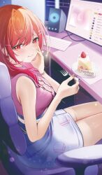 1girl bare_shoulders breasts cake cake_slice center_frills chair commentary_request computer_keyboard desk earrings eating food food_on_face fork frills fruit hair_between_eyes hand_on_own_cheek hand_on_own_face happy_birthday highres holding holding_fork hololive hololive_dev_is ichijou_ririka ichijou_ririka_(1st_costume) jewelry large_breasts livestream long_hair looking_to_the_side mohejiillust monitor on_chair orange_eyes orange_hair orange_nails pink_shirt plate shirt sitting skirt sleeveless sleeveless_shirt solo sparkle speaker strawberry strawberry_shortcake tag translation_request virtual_youtuber white_skirt wristband
