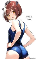 1girl ass back blue_one-piece_swimsuit blush brown_eyes brown_hair dated flat_chest flower hair_flower hair_ornament hanako_(peanut) hands_on_own_hips headgear highres kantai_collection looking_at_viewer looking_back one-piece_swimsuit open_mouth school_swimsuit short_hair smile solo swimsuit yukikaze_(kancolle) yukikaze_kai_ni_(kancolle)