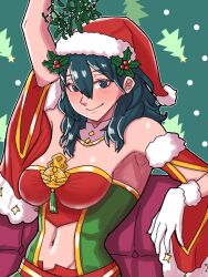 1girl armpits blue_eyes blue_hair blush breasts christmas christmas_tree cleavage couch female_byleth_(fire_emblem) female_byleth_(frosty_professor)_(fire_emblem) fire_emblem fire_emblem:_three_houses fire_emblem_heroes gloves happy hat highres medium_breasts midriff mistletoe mnejing30 navel nintendo official_alternate_costume on_couch santa_hat smile solo white_gloves