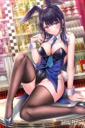 1girl absurdres animal_ear_hairband animal_ears arm_support bare_shoulders between_breasts black_hair black_hairband black_leotard blue_necktie breasts character_request closed_mouth commentary copyright_name earrings fake_animal_ears fake_tail fishnet_thighhighs fishnets grey_shoes hairband highres jewelry knee_up leotard light_blush long_hair looking_at_viewer necktie necktie_between_breasts official_art playboy_bunny purple_eyes rabbit_ear_hairband rabbit_ears rabbit_tail seifuku_kanojo shoes sitting smile solo strapless strapless_leotard symbol-only_commentary tail thighhighs white_wrist_cuffs wrist_cuffs