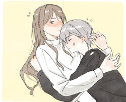 2girls bang_dream! bang_dream!_it&#039;s_mygo!!!!! black_shirt blush border brown_hair closed_eyes closed_mouth flying_sweatdrops grey_hair hug long_hair long_sleeves manphao_o multiple_girls nagasaki_soyo shirt short_hair simple_background sweatdrop sweater takamatsu_tomori white_border white_sweater yellow_background yuri