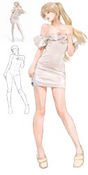1girl absurdres bare_shoulders blonde_hair brown_eyes commentary_request dress fork full_body hand_on_own_chest highres holding holding_fork holding_knife knife long_hair looking_down off-shoulder_dress off_shoulder original photo-referenced ponytail reference_inset shoes simple_background sketch_inset solo strapless strapless_dress twintails uyu_1028 white_background white_dress yellow_shoes
