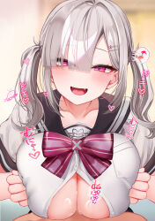 1boy 1girl blush bow bowtie breasts brown_sailor_collar collarbone fangs festa11307070 grey_hair grey_serafuku heart huge_breasts long_hair looking_at_viewer nijisanji open_mouth paizuri pink_bow pink_bowtie pink_eyes sailor_collar school_uniform serafuku short_sleeves smile solo_focus sukoya_kana sukoya_kana_(3rd_costume) translation_request twintails virtual_youtuber