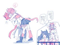 5girls absurdres agnes_digital_(umamusume) agnes_tachyon_(umamusume) animal_ears asymmetrical_footwear asymmetrical_legwear black_boots black_hair black_pantyhose black_shoes black_skirt blush boots bow closed_eyes flying_sweatdrops french_kiss giving_up_the_ghost gold_city_(umamusume) hair_between_eyes hair_bow heart high_heel_boots high_heels highres horse_ears horse_girl horse_tail jungle_pocket_(umamusume) kiss lab_coat leaning_back leaning_forward long_hair multiple_girls nose_blush open_clothes pantyhose pleated_skirt puffy_short_sleeves puffy_sleeves red_bow school_uniform seila_rei shadow shoes short_sleeves simple_background skirt spoken_heart tail tosen_jordan_(umamusume) tracen_school_uniform twintails two_side_up umamusume white_background white_boots yuri